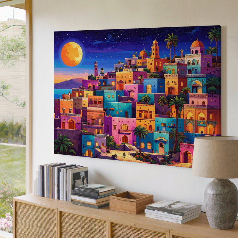 Toile «Vibrant Dream City», art mural inspiré de la Méditerranée, paysage nocturne, H 11 po x l 14 po