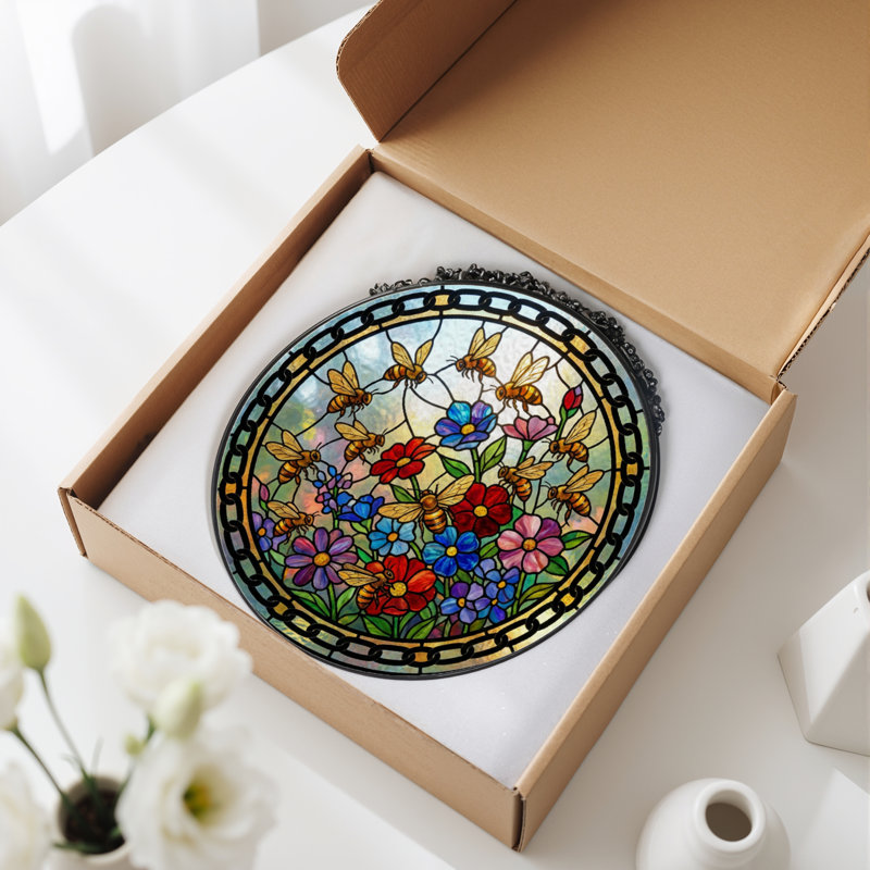 7.8"H Bees Flowers Stained Glass Window Panel, 7.8" H x 7.8" W