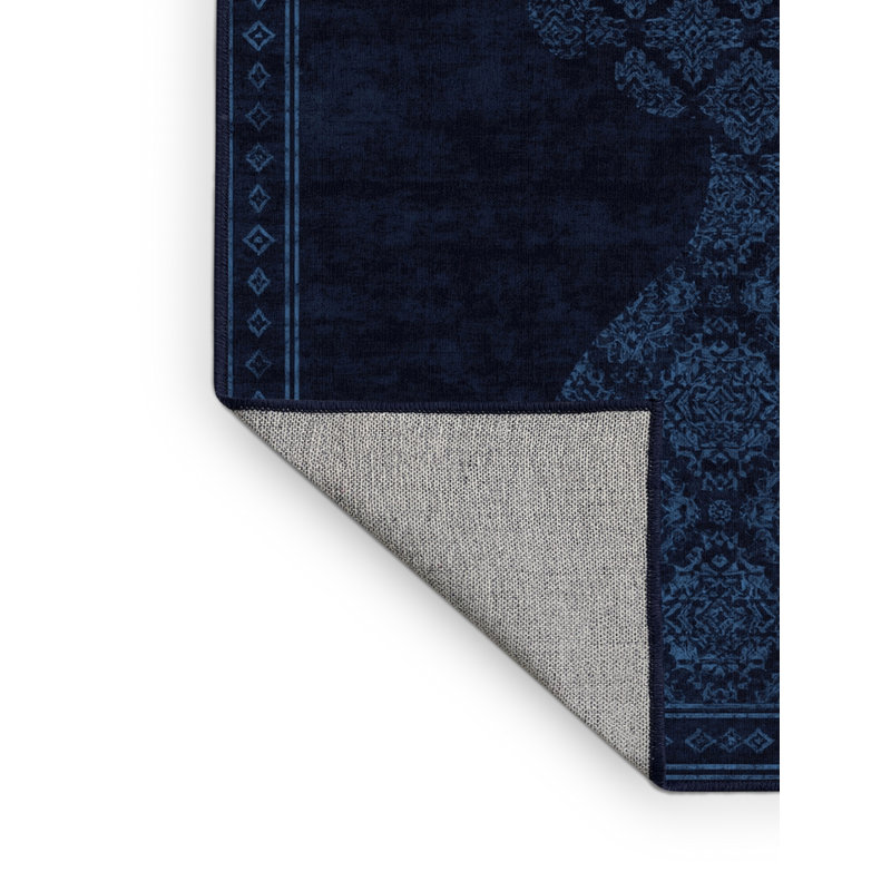 Tapis marocain d'inspiration mondiale lavable à la machine en gris - reliure marine, 5 x 7
