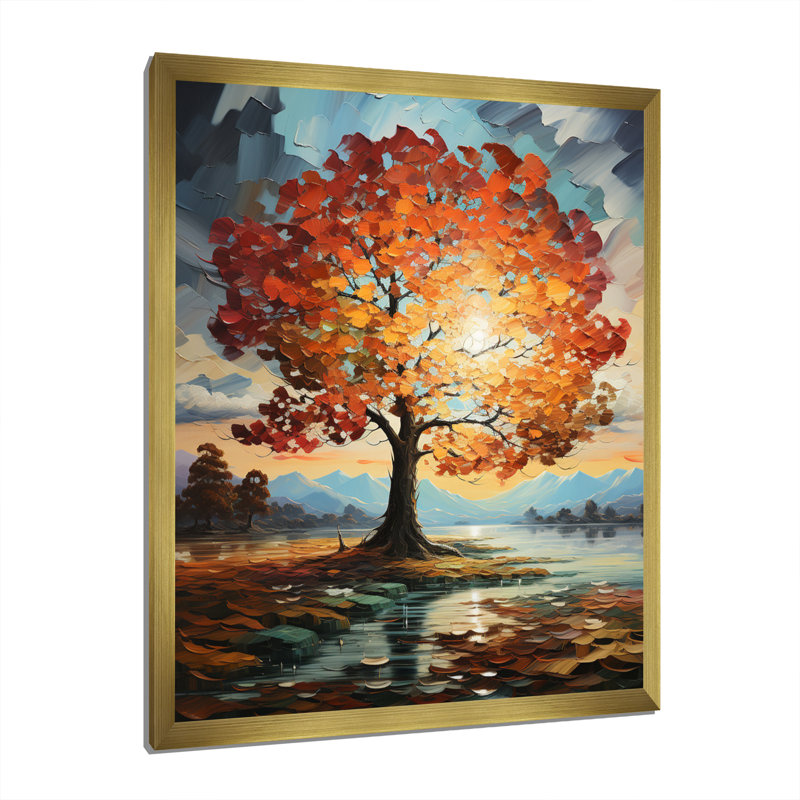 Orange, bleu sarcelle, érable majestueux, érable, art mural encadré, H 40 po x l 30 po x P 1,5 po, Cadre doré simple