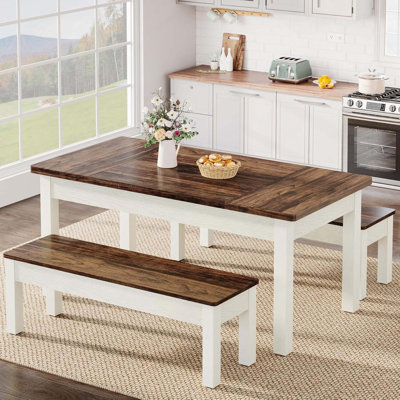 Farmhouse 3PCS Dining Set, Space-Saving Kitchen & Dinner Table With 2 Tuck-Under Benches For Small Spaces