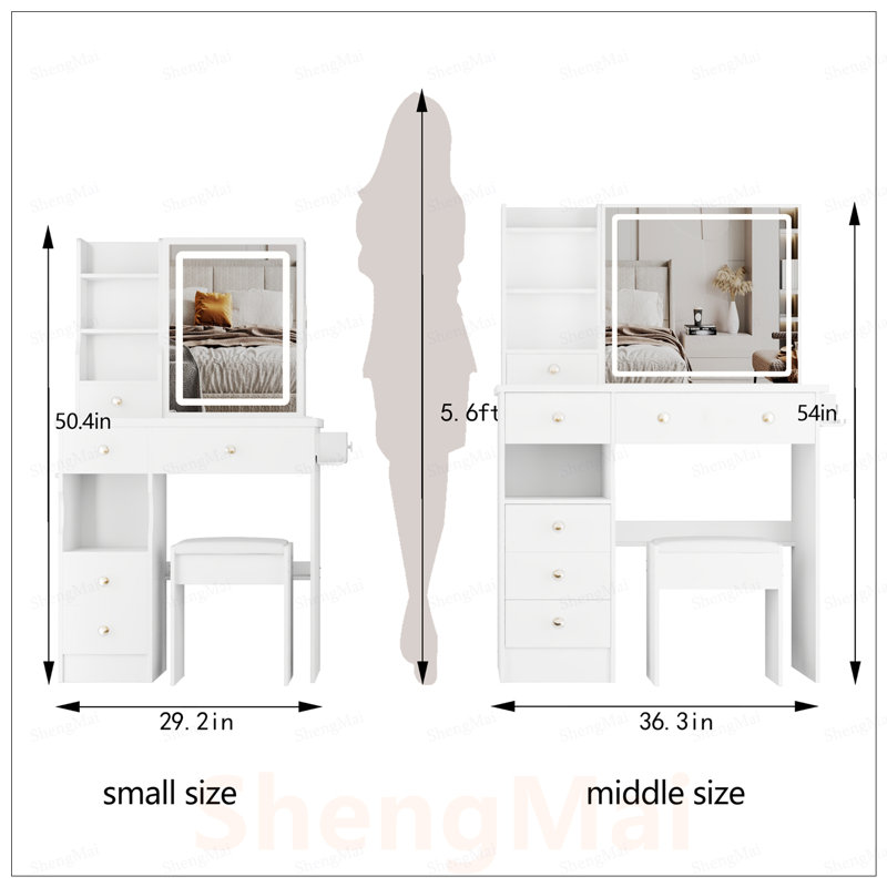 Table de coiffeuse compacte à tiroir gauche avec tabouret rembourré, centrale électrique, support pour sèche-cheveux et miroir à DEL réglable pour les petits espaces