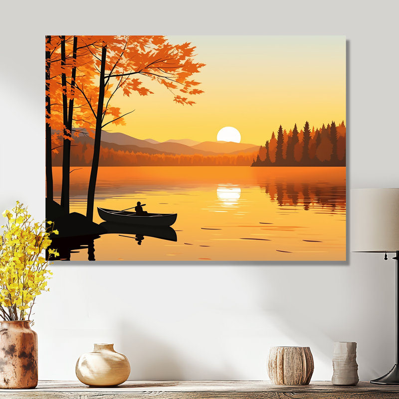 Canoë au bord du lac Sunset, H 30 po x l 40 po, Sans cadre, métal