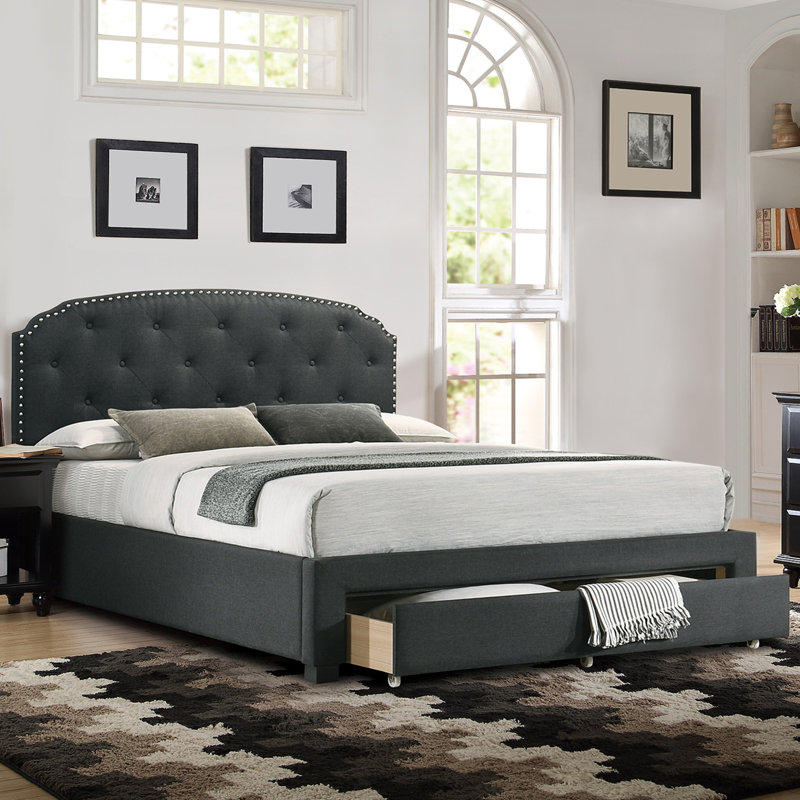Burlap Upholstered Eastern Bed With 1 Underbed Drawer, King, Black