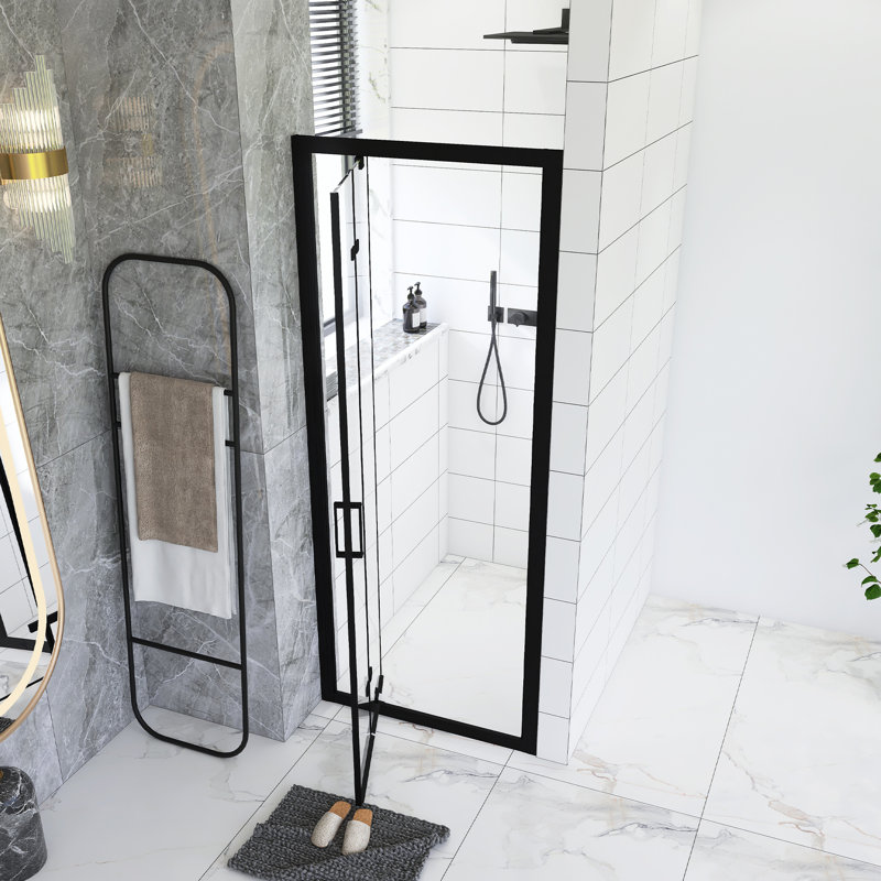 Porte de douche pivotante pliante à cadre double 30 po x 72 po, porte de douche pliante compacte, verre trempé transparent de 1/4 po avec poignée en acier inoxydable, noir mat