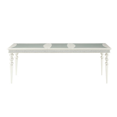 Table de salle à manger Platinum avec plateau extensible. Feuille de 20 po pour les grandes occasions. Bois de peuplier durable et composite. Strass en miroir décoré avec grâce. Argent, finition 88 po x 40 po 30 po