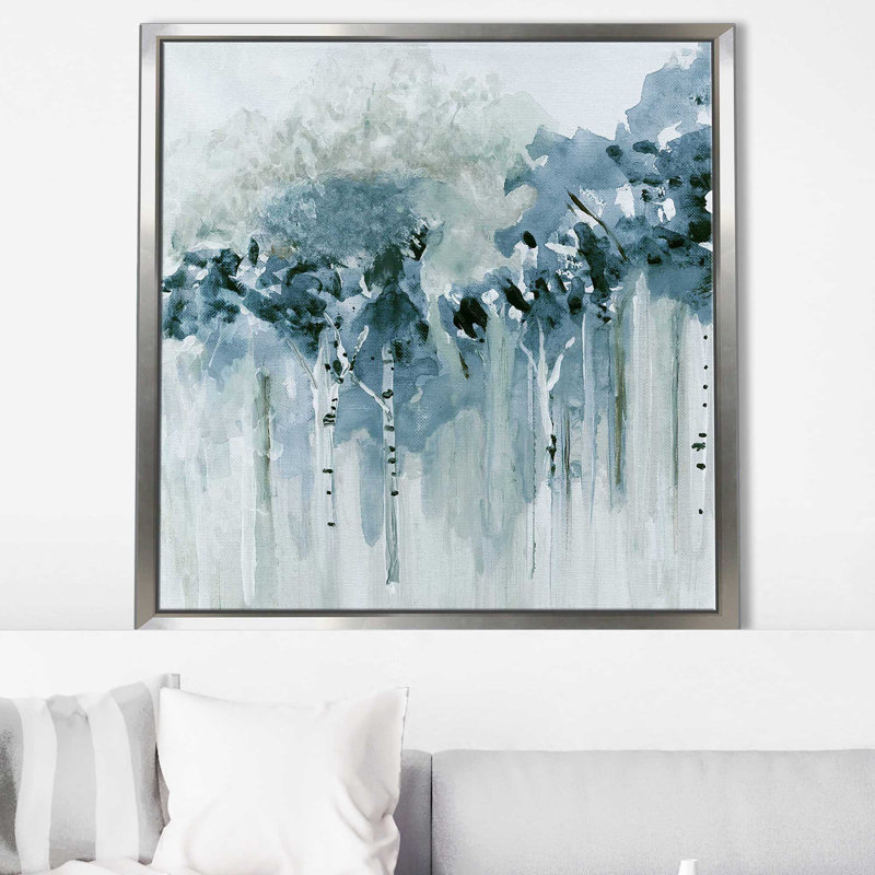 «Blue Birch Morning I» par Susan Jill - Peinture, H 39,5 po x l 39,5 po x P 2 po, Cadre flottant argent