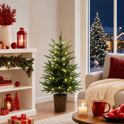 Sapin de Noël artificiel pré-illuminé de 120 cm avec pot en plastique imitation rotin et guirlandes lumineuses DEL blanc chaud scintillantes