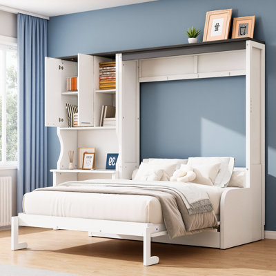 Multi-Functional Murphy Bed with Sofa, Desk and Storage Cabinet, Space-Saving Foldable Wall Bed with Built-in Seating and Workspace, White Finish