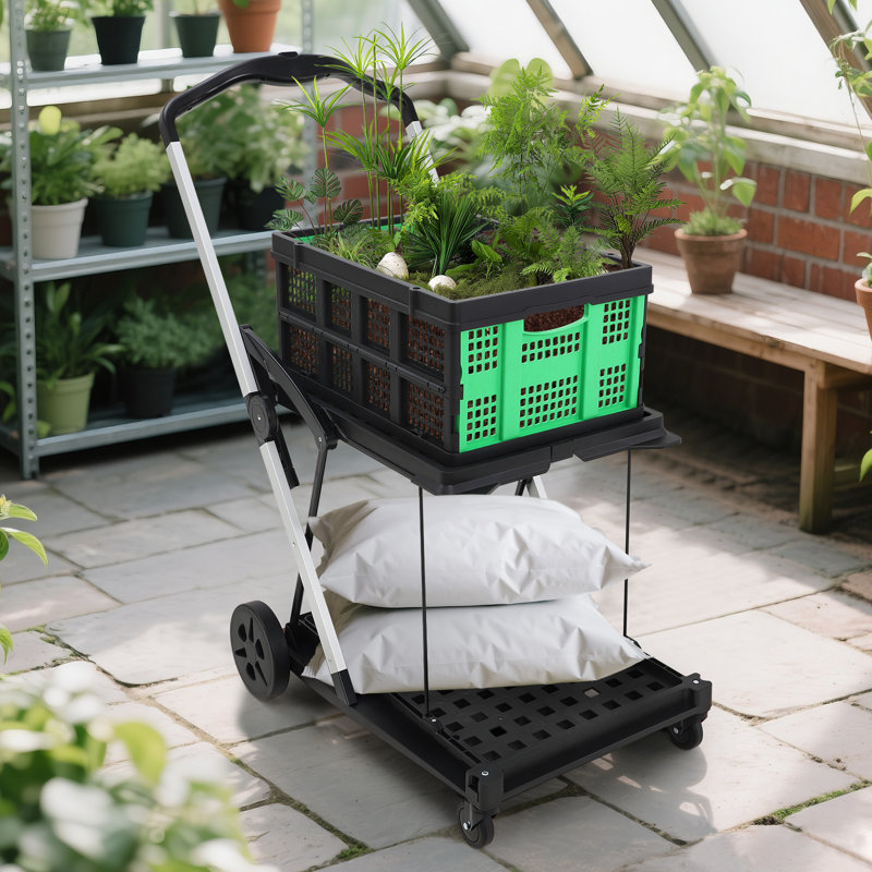 Heavy-Duty 2-Tier Collapsible Garden Cart - Collapsible Utility Trolley with Wheels, Removable Storage Crate, 198 lb Capacity, Lightweight Space-Saving Outdoor Yard Wagon for Home, Supermarket, Travel, Green