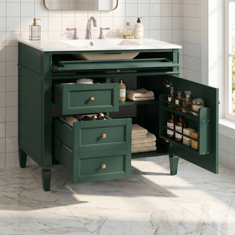 Meuble-lavabo autoportant 36 po en bois aggloméré avec lavabo en céramique blanc, armoire de salle de bain verte avec 2 tiroirs, tablettes de porte réglables et tiroir basculant