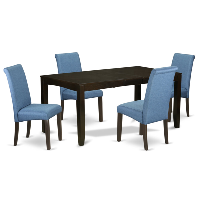 5 Piece Dining Table Set Includes a Rectangle Wooden Table with Butterfly Leaf and 4 Blue Color Linen Fabric Upholstered Chairs, Cappuccino