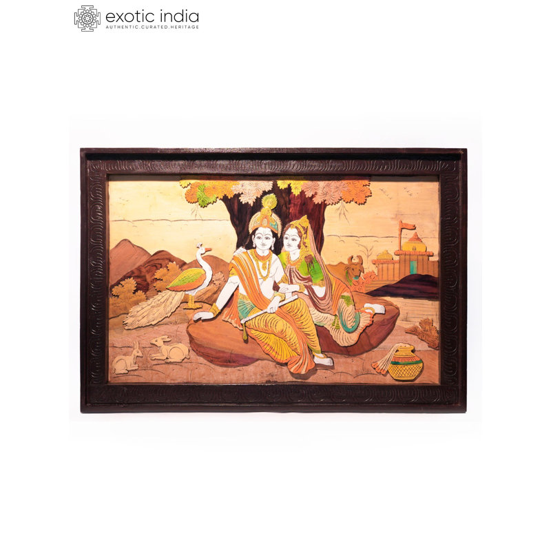 36 "Radha Krishna sous un arbre, panneau mural en incrustation de bois 3D, art de dieu indou fabriqué à la main pour un décor romantique