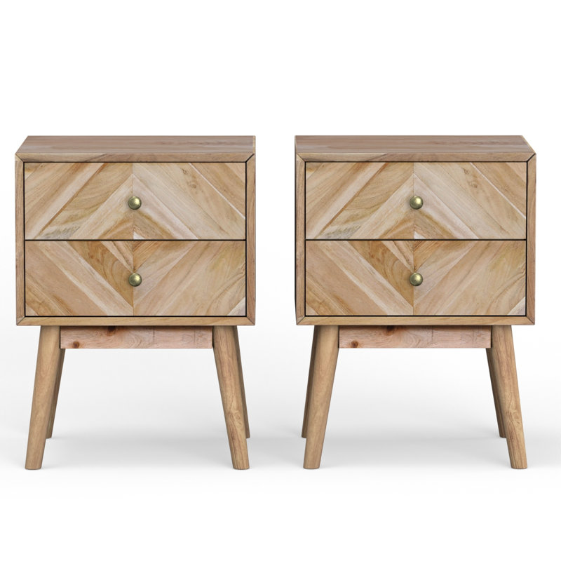 Emet Semi-Assembled Solid Wood 2-Drawer Nightstand, Beige