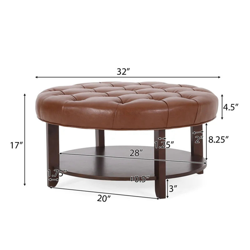 Jadaya Faux Leather and Rubberwood Round Ottoman with Open Shelf, Light Brown PU