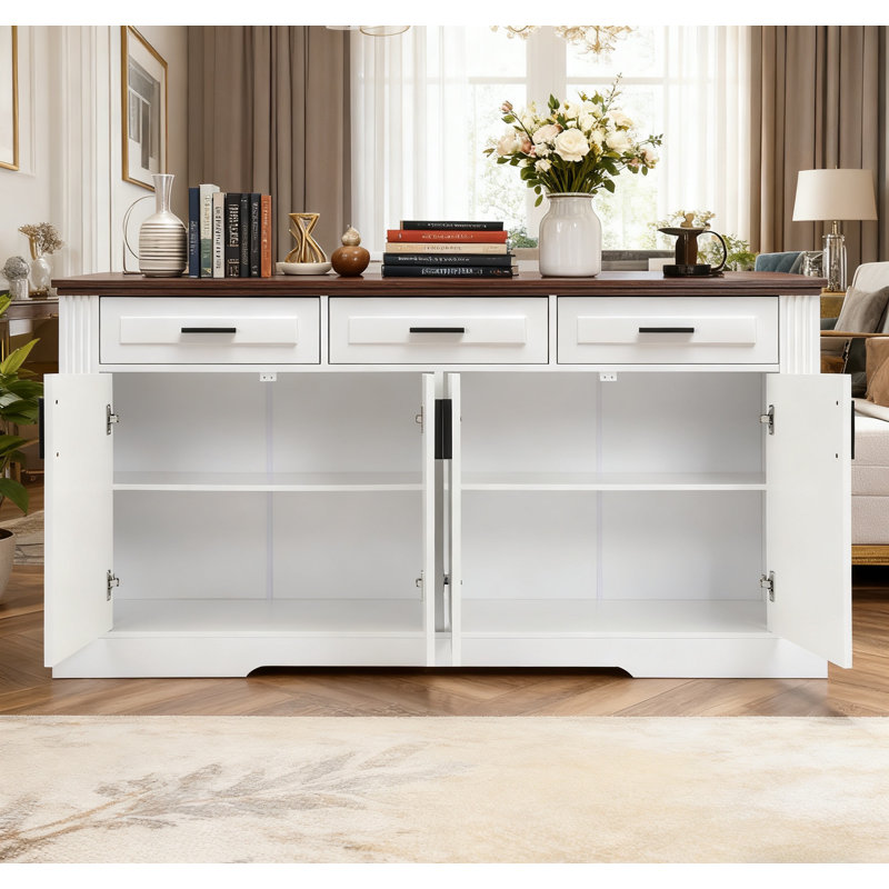 63" Fluted Sideboard Buffet Cabinet With Storage, Modern Coffee Bar Station With 4 Doors And 3 Drawers, Kitchen Storage Console Table For Living Room Dining Room Entryway, White