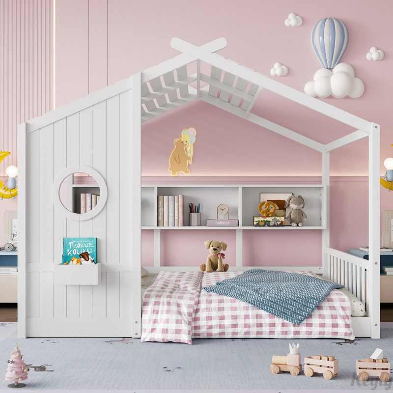 Lit sur pied avec tablette de rangement, Double, Blanc