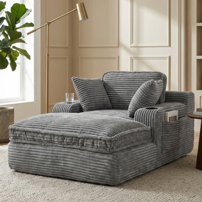 67" Oversized Chaise Lounge Chair Indoor, Cloud Couch Boneless Soft Sofa with 3 Pillows, 4 Side Pockets and 2 Cup Holders, Comfy Corduroy Sleeper Couch for Living Room