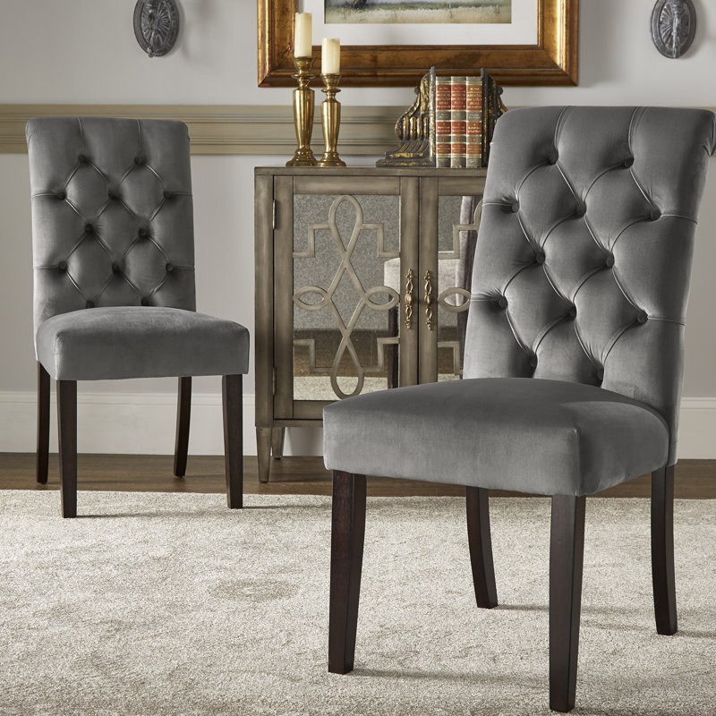 Ameriga 19.3'' H Tufted Upholstered Parsons Chair, Silver Velvet, Antique Golden