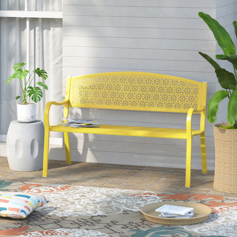 49in Outdoor Metal Garden Bench Steel Slat Patio Loveseat Park Bench, Yellow
