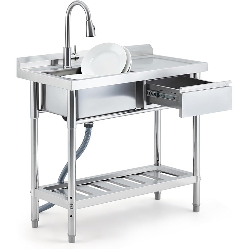 39" Commercial Stainless Steel Utility Sink with Pull-Out Faucet, Freestanding Single Bowl Kitchen & Laundry Workbench