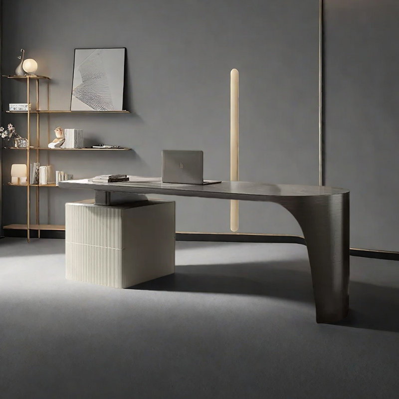 Bureau en pierre frittée légère et luxueuse, Blanc / Gris, H 29,92 po x l 55,12 po x P 27,56 po