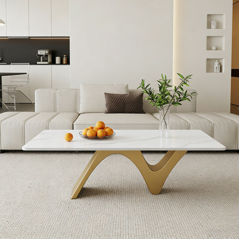 Table basse Modern, H 15,74 po x L 51,18 po x l 27,55 po, Blanc / gris clair, Doré