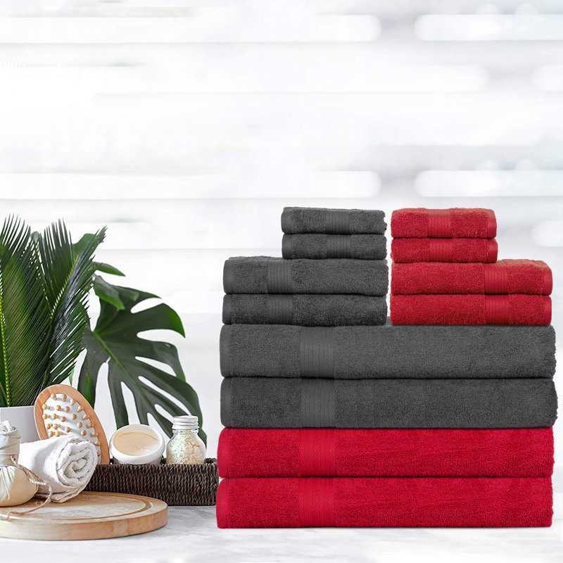 100% Cotton Bathroom Towel Set of 12 Absorbent Soft Plush Fast Drying, Gray/Red