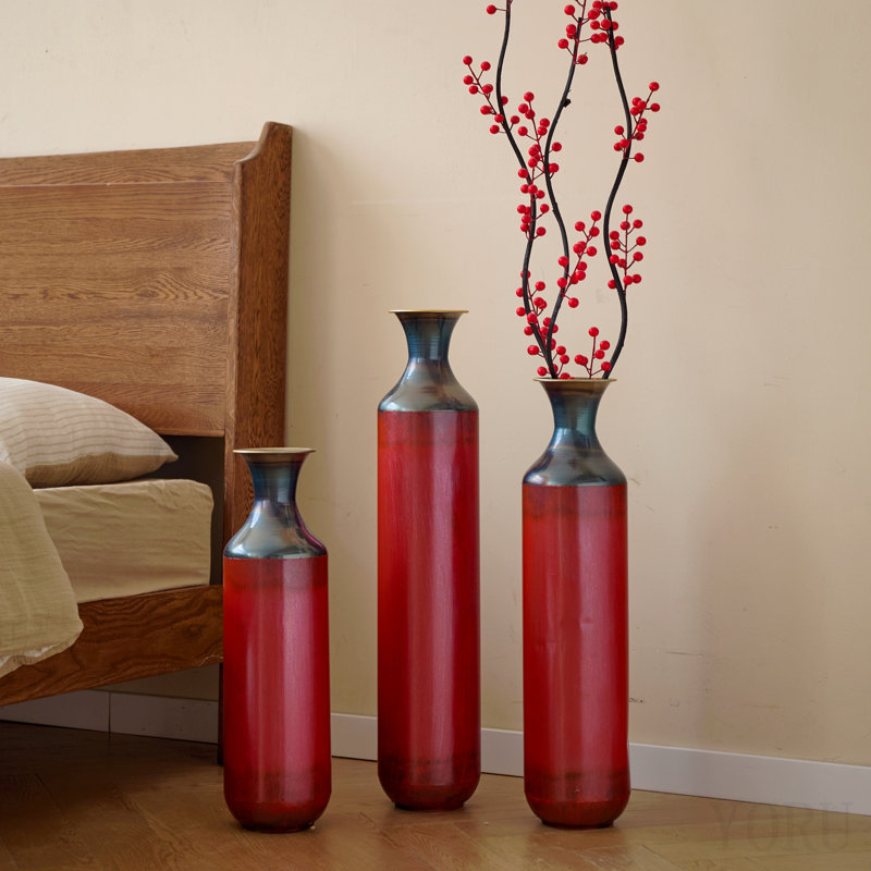 Ensemble de 3 grands vases de plancher rustiques en métal au fini artisanal, texture brûlée à la main pour une décoration de maison de campagne moderne et industrielle (28,35, 24,41, 20,47 pouces)
