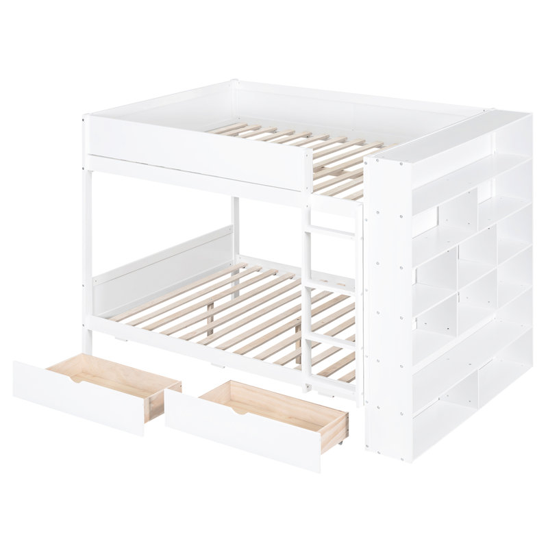 Lit superposé Space avec 2 tiroirs et armoire pratique, blanc - confortable pour une utilisation quotidienne pleine grandeur, efficace et efficace