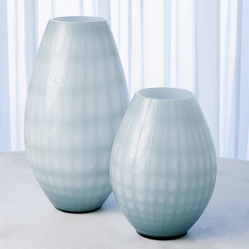 Cased Glass Grid Vase-Blue, 10" H x 7" W x 7" D