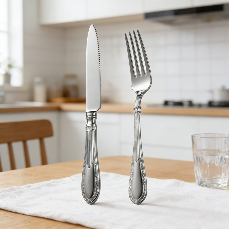 Ensemble de 20 couteaux à steak et fourchette en acier inoxydable de 20 po, conception à poignée florale française en relief rétro, coutellerie résistante à la rouille pour le steak, le souper et la cuisine