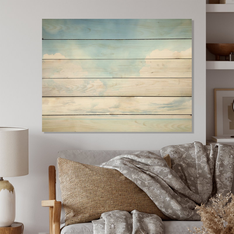 Nuage blanc paysage minimaliste I - nuages, art mural sur bois de pin naturel, H 10 po x l 20 po