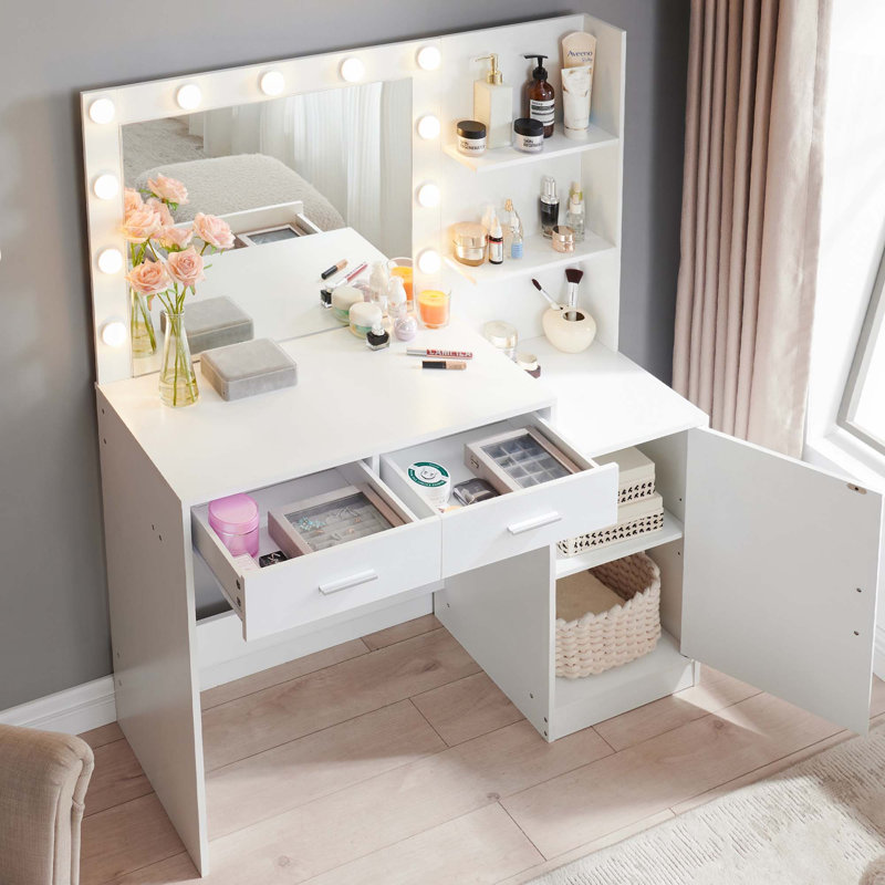 Vanity Desk with Mirror and Lights,46.4In Dressing Table with 2 Large Drawer&Large Vertical Organizer,3 Level Dresser & 3 Lighting Modes Adjustable Brightness,Suitable for Bedroom