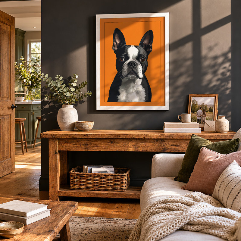 Boston Terrier Portrait Modern - Framed Print, A2 - 59.4 x 42.0 cm, White
