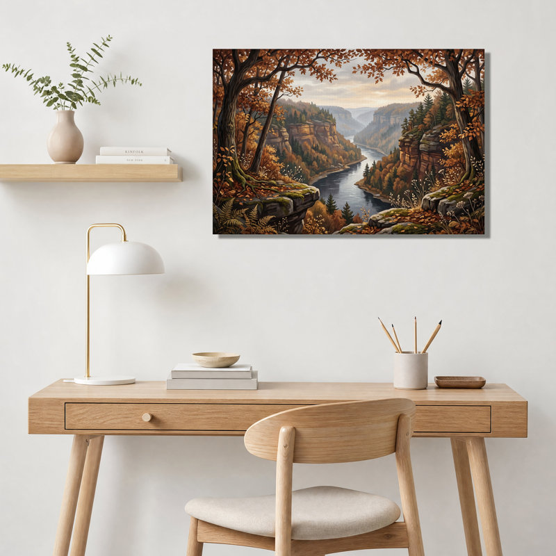 Tableau sur toile représentant la vallée de la rivière d'automne dans le canyon rocheux, H 36 po x l 48 po