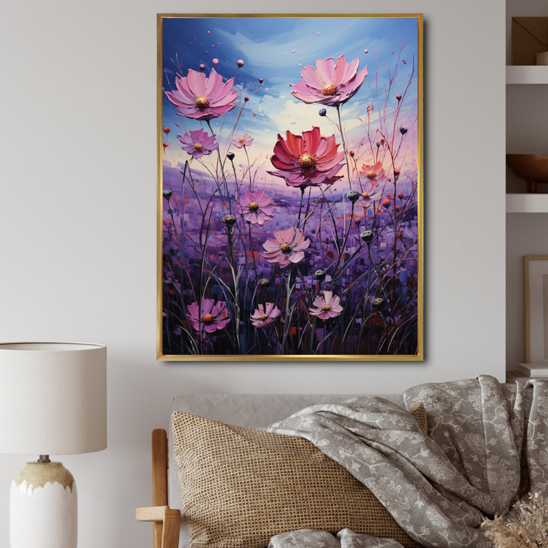 Zinnias Violet Serenade II, reproduction d'art sur toile, H 32 po x l 16 po x P 1 po, Cadre flottant doré