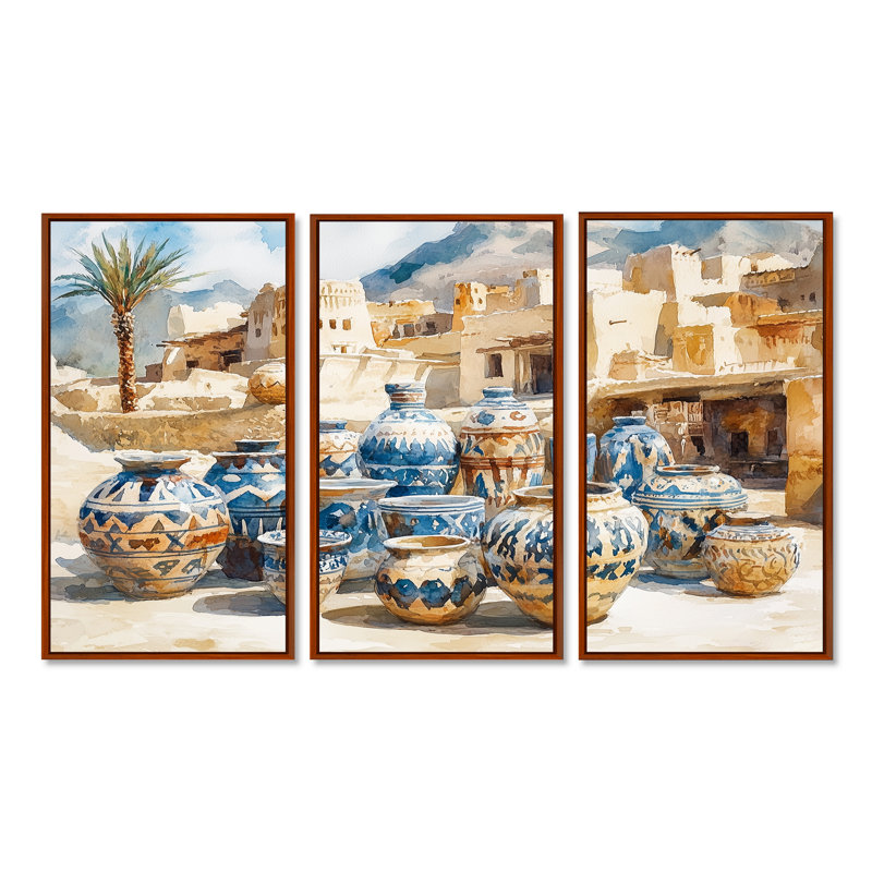 Ensemble d'art mural brun et bleu, poterie du désert africain I - Boho, H 28 po x l 36 po x P 1 po