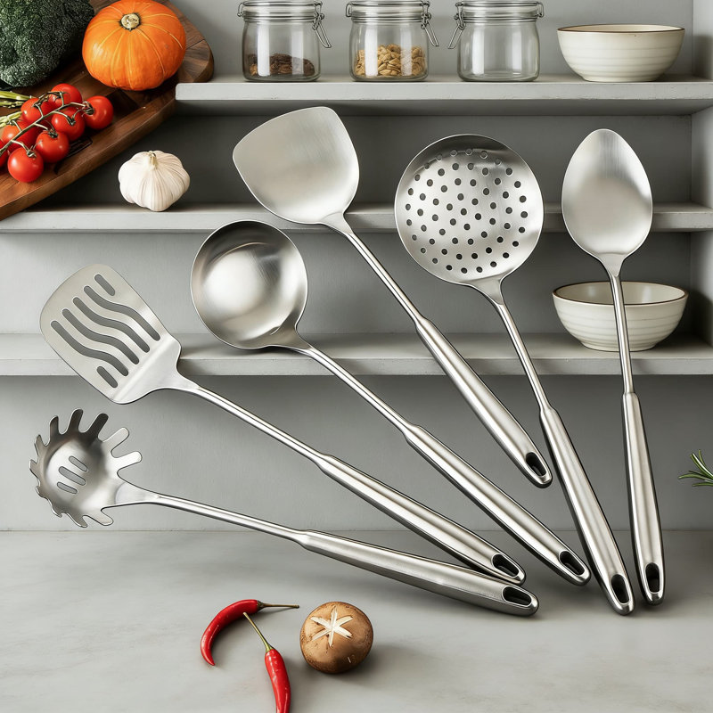 Ensemble d'ustensiles de cuisine 7 pièces en acier inoxydable avec support rotatif, batterie de cuisine en acier inoxydable 304, cuillères de cuisson résistantes à la chaleur, lavable au lave-vaisselle, conception peu encombrante