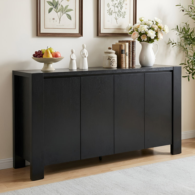 Buffet Storage Cabinet For Dining Room, Kitchen, Wood 4-Door Sideboard With 4 Compartments, Black 