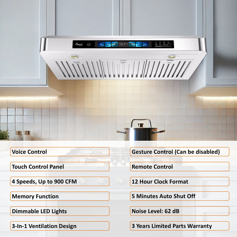 Hotte sous un meuble à conduit 36 po 800 CFM Awoco en acier inoxydable avec commande vocale / tactile / tactile