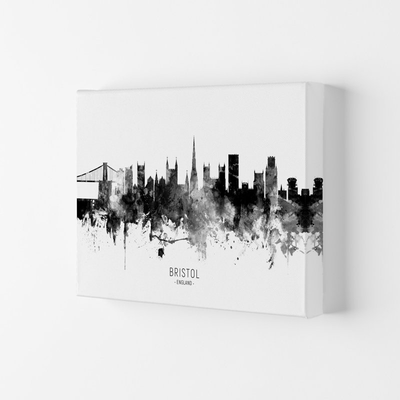 Bristol England Skyline Black White City Name by Michael Tompsett - Print, 42cm H x 59.4cm W x 4cm D, Wrapped Canvas