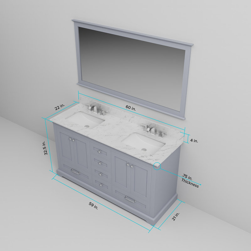 Meuble-lavabo double l 60 po x P 22 po Dukes, Gris foncé, Marbre de Carrare blanc