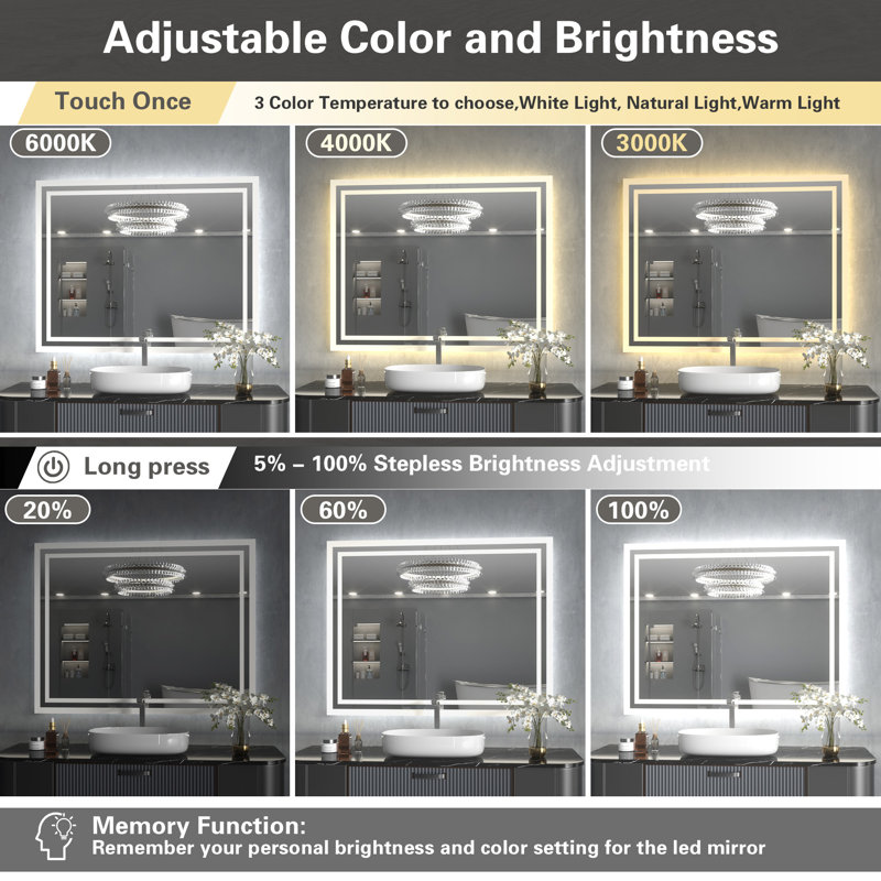 Led Bathroom Mirror with Lights，Anti-Fog, Dimmable, Backlit + Front Lit, lighted Vanity Mirror for Wall., 36" x 28"