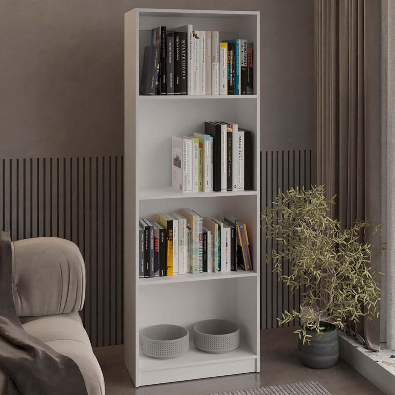 Sutton Slim Bookcase with Modern 5-Shelf Design, White, (5 Shelves) 71.1"H x 24.7"W x 11.7"D