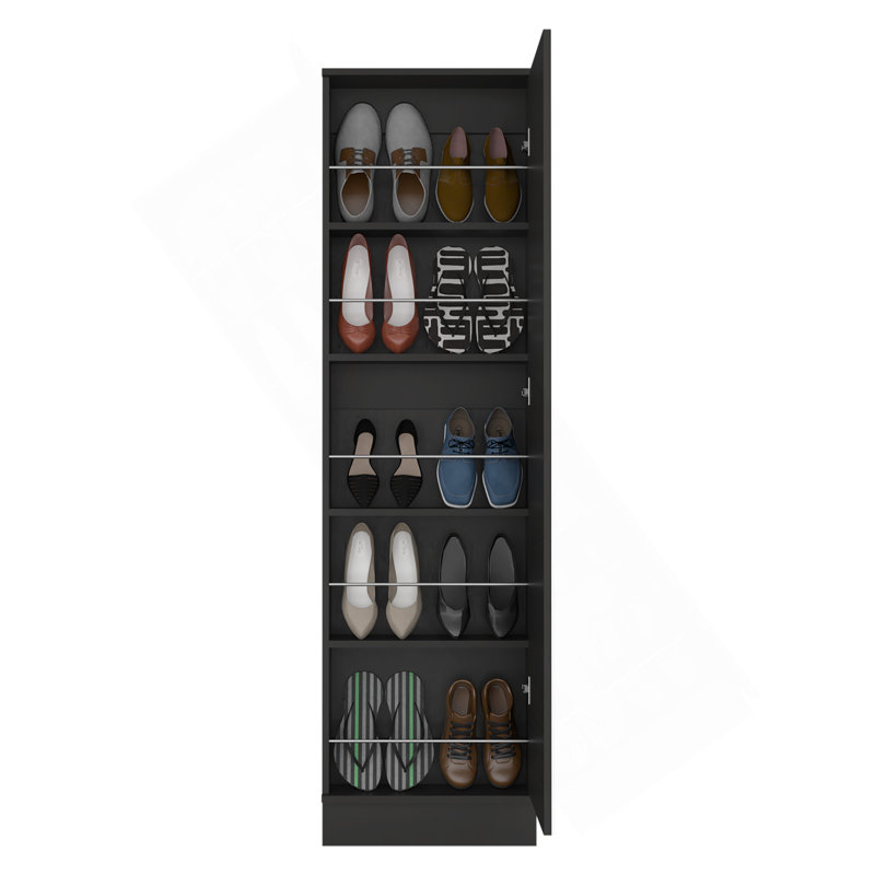 Range-chaussures H 67 po, cinq tablettes de rangement internes, un miroir, une porte, capacité approximative de 10 paires de chaussures, noir