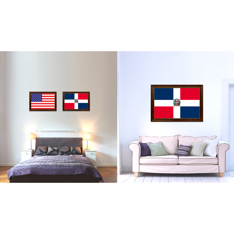 Drapeau de la république dominicaine sur toile, H 15 po x l 21 po x P 1 po, Encadrement brun
