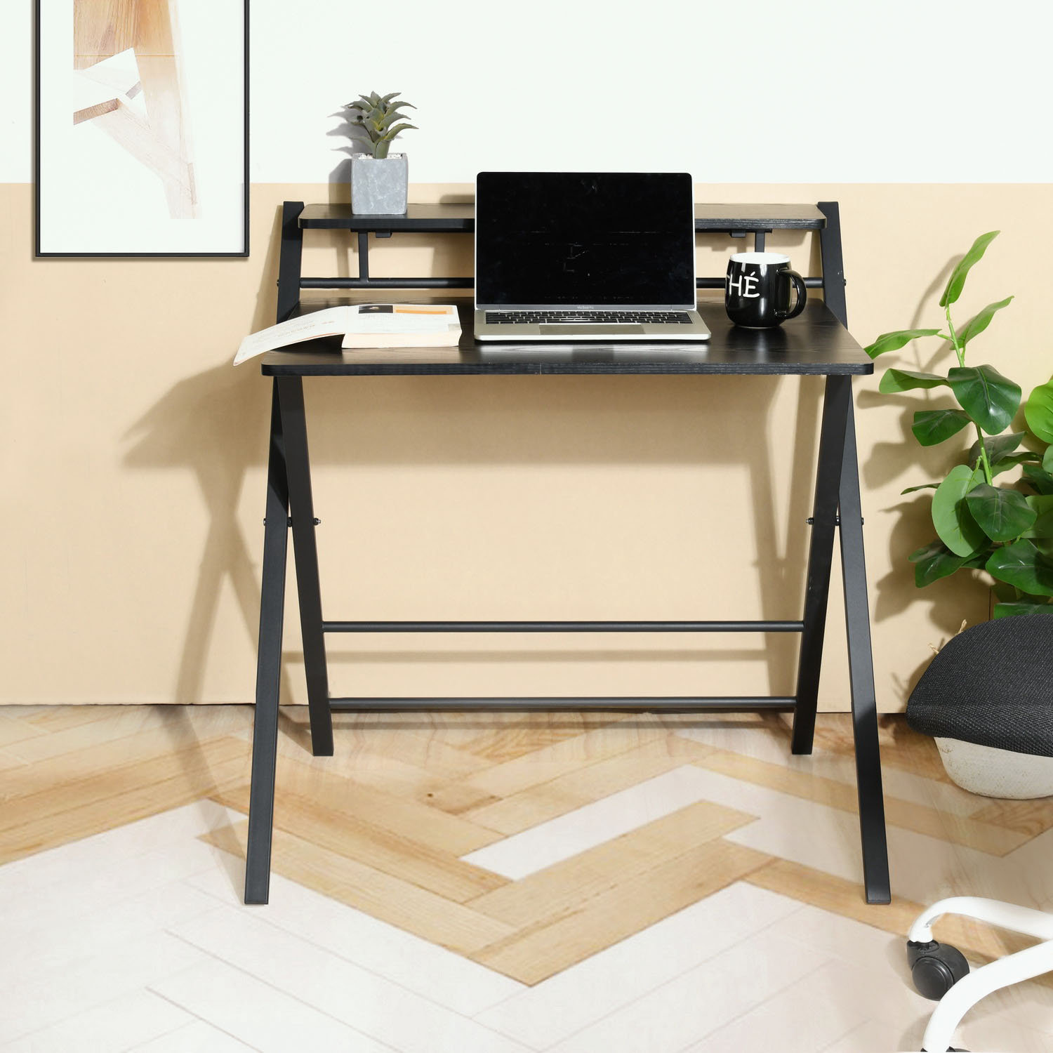 hanada 2 Tier Folding Desk with Metal Frames and Wood Top | Wayfair