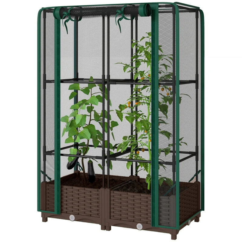 Outdoor Plant Box,Garden Bed With Trellis,With Cover,Drainage Holes And Zipper Door, Brown/White, 46.5" H x 31.5" W x 15.7" D