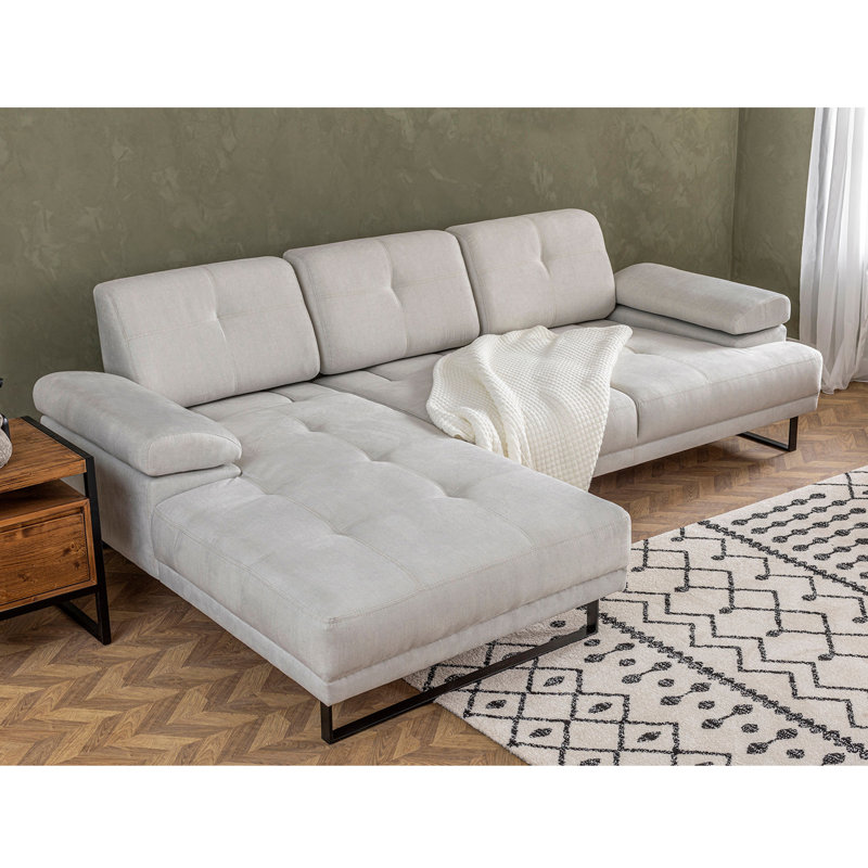 Stylish Corner Sofa, Beige, 68.5 x 123.6 x 32.7 inches | Durable Beech Wood & Chipboard Frame, 100% Polyester Fabric | Adjustable Arm Mechanism, Movable Backrest, Fixed Cushions | Elegant Industrial Design with Matt Black Metal Legs